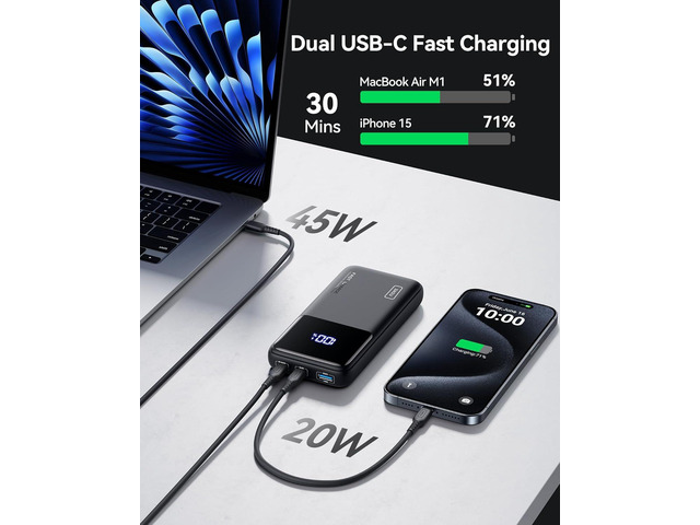 INIU Power Bank, 20000mAh 65W Compact USB C Laptop Portable Charger, PD QC Fast Charging 3-Output Battery Pack, Travel Charger for Laptop MacBook...