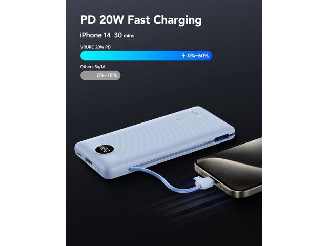 VRURC Portable Charger with Wall Plug and Cables, 10000mAh Power Bank with 22.5W Fast Charging USB Port,4 Outputs Dual Inputs Slim Compact...