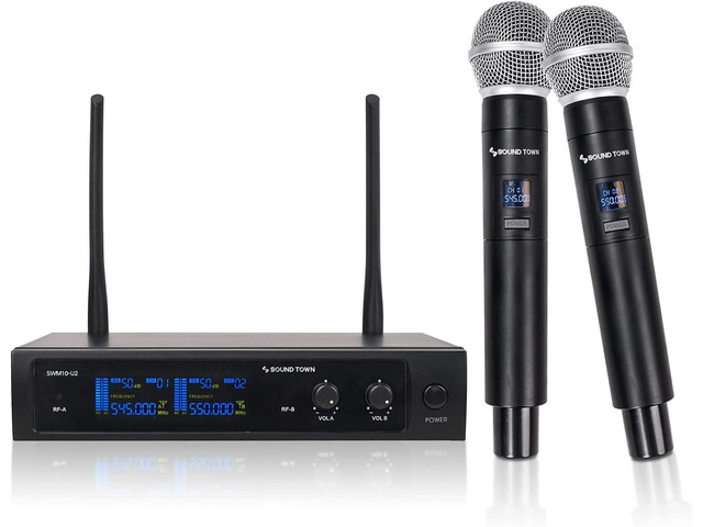 Sound Town SWM10-U2HH Professional Dual-Channel UHF Wireless Microphone System with 2 Handheld Mics, for Church, Business Meeting, Outdoor Wedding...
