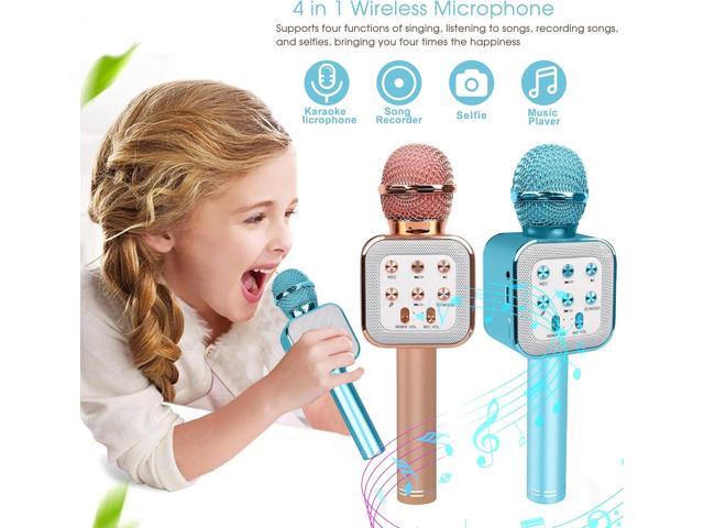 Wireless Microphone, Bluetooth Music Player with LED Light, Portable Live Stream Singing Microphone, Birthday for Kids Adults (Blue)