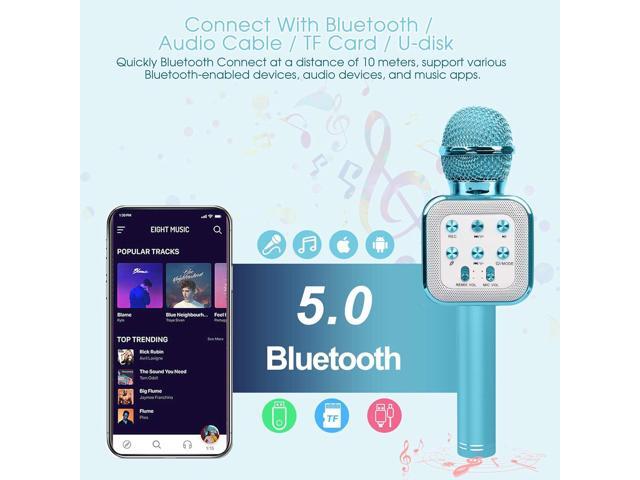 Wireless Microphone, Bluetooth Music Player with LED Light, Portable Live Stream Singing Microphone, Birthday for Kids Adults (Blue)