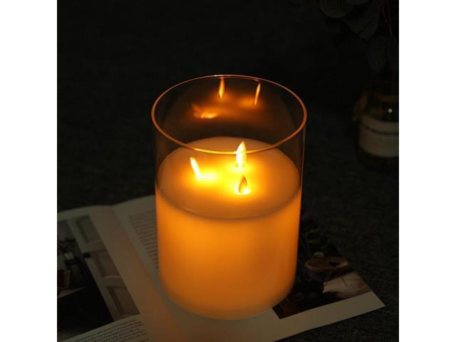 JHY DESIGN 3-Wick Glass Flameless Candles 8''High Battery Operated Dancing Flame Flickering LED Pillar Candles with 6-Hour Timer Feature Real Wax...