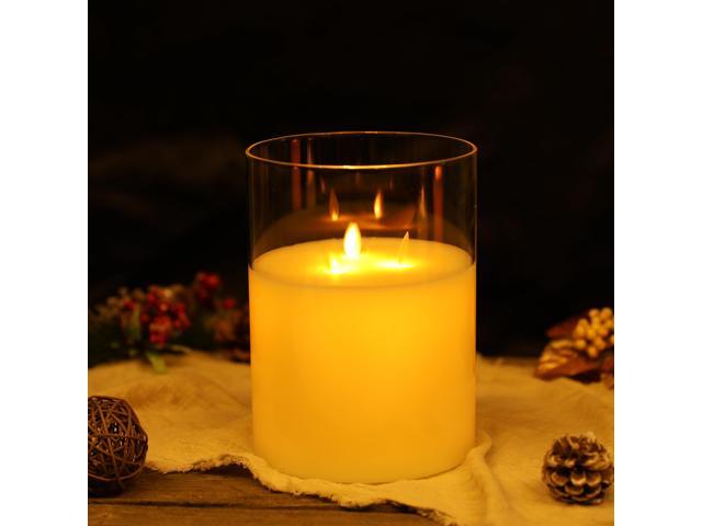 JHY DESIGN 3-Wick Glass Flameless Candles 8''High Battery Operated Dancing Flame Flickering LED Pillar Candles with 6-Hour Timer Feature Real Wax...