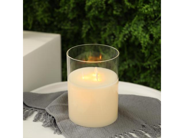 JHY DESIGN 3-Wick Glass Flameless Candles 8''High Battery Operated Dancing Flame Flickering LED Pillar Candles with 6-Hour Timer Feature Real Wax...