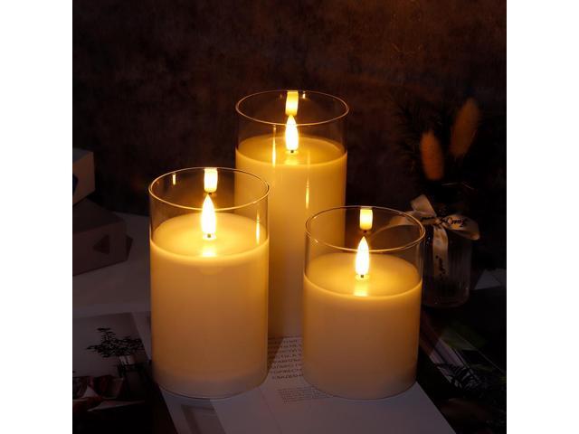 JHY DESIGN Set of 3 Glass Wax Flameless Candles 3D Effect LED Candles White Wax Flickering Battery Candles with 8-Key Remote Control Timer for Home...