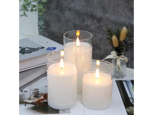 JHY DESIGN Set of 3 Glass Wax Flameless Candles 3D Effect LED Candles White Wax Flickering Battery Candles with 8-Key Remote Control Timer for Home...