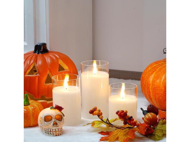 JHY DESIGN Set of 3 Glass Wax Flameless Candles 3D Effect LED Candles White Wax Flickering Battery Candles with 8-Key Remote Control Timer for Home...