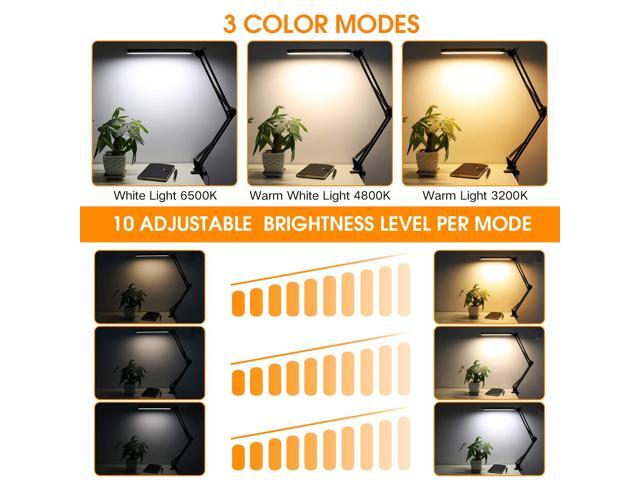 LED Desk Lamp, Swing Arm Desk Light with Clamp, 3 Lighting 10 Brightness Eye-Caring Modes, Reading Desk Lamps for Home Office 360°Spin with USB...