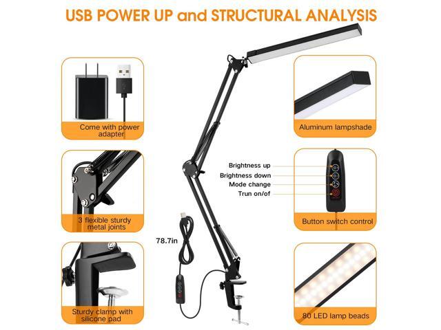 LED Desk Lamp, Swing Arm Desk Light with Clamp, 3 Lighting 10 Brightness Eye-Caring Modes, Reading Desk Lamps for Home Office 360°Spin with USB...
