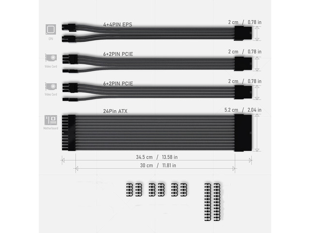 Bailink PSU Cable Extension ATX Sleeved Custom Mod GPU PC Power Supply Soft Nylon Braided with Comb Kit 24PIN/8PIN to 6+2Pin/ 8PIN to 4+4PIN-30CM...