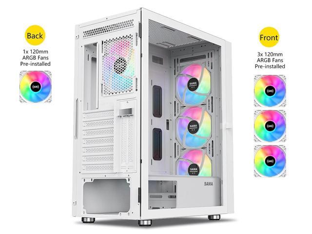 SAMA 3509 White Mid Tower Gaming PC Case with Door Open Tempered Glass, 4 Pre-installed RGB Airflow Cooling Fans