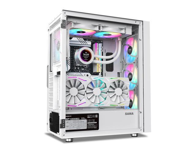 SAMA 3509 White Mid Tower Gaming PC Case with Door Open Tempered Glass, 4 Pre-installed RGB Airflow Cooling Fans