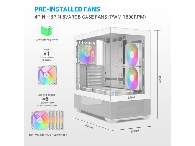 SAMA V40 White ATX Mid Tower PC Case, 6 Pre-Installed 120mm ARGB PWM Fans, Dual Tempered Glass Panels, Vertical Airflow Design, Gaming Computer...