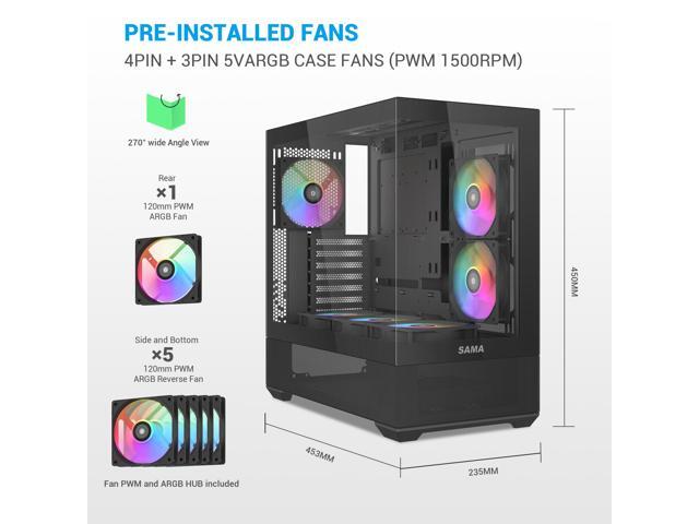SAMA V40 Black ATX Mid Tower PC Case, 6 Pre-Installed 120mm ARGB PWM Fans, Dual Tempered Glass Panels, Vertical Airflow Design, USB Type-C Port, ...