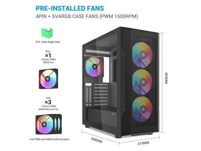 SAMA S40 Black ATX Mid Tower Case - High Airflow, 4x 120mm ARGB PWM Fans, Tempered Glass, Mesh Front, Type-C, Supports ATX/M-ATX/ITX & 4090 GPUs -...