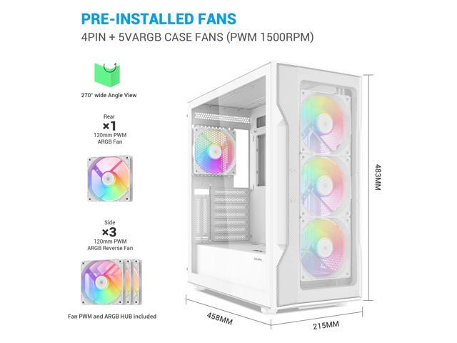 SAMA S40 White ATX Mid Tower Case - High Airflow, 4x 120mm ARGB PWM Fans, Tempered Glass, Mesh Front, Type-C, Supports ATX/M-ATX/ITX & 4090 GPUs -...