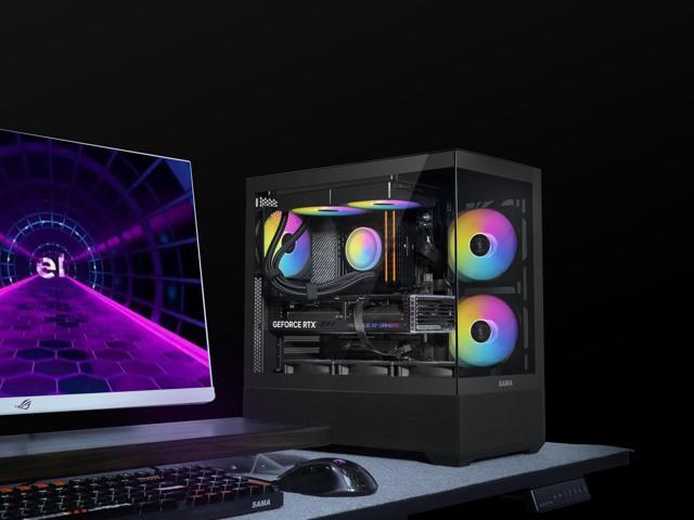 SAMA V40 Black ATX Mid Tower PC Case, 6 Pre-Installed 120mm ARGB PWM Fans, Dual Tempered Glass Panels, Vertical Airflow Design, USB Type-C Port, ...
