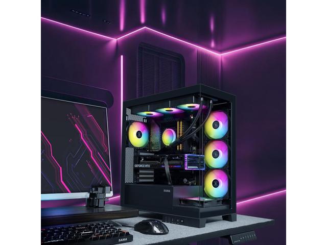 SAMA V50 Black Mid Tower PC Case, 4x120mm ARGB PWM Fan Pre-Install for Efficient Cooling, Compatible ATX/MATX/ITX Motherboards and Back-Connect...
