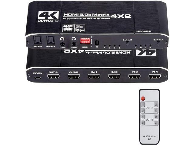 HDMI Matrix Switch 4x2, 4K HDMI Matrix Switcher Splitter 4 in 2 Out Box with EDID Extractor and IR Remote Control Support 4K HDR, HDMI 2.0b, HDCP.