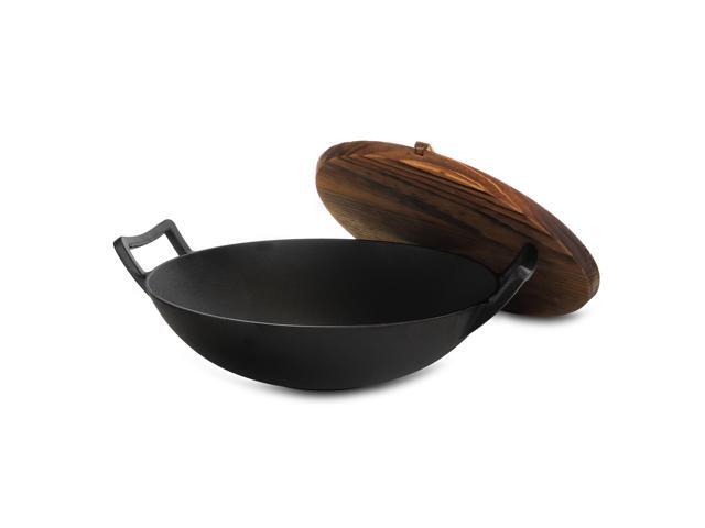 MegaChef 2 Piece 14 Inch Heavy Duty Cast Iron Wok with Wood Lid