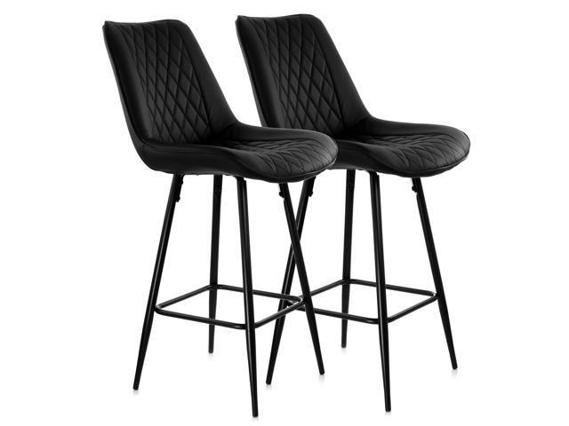 Elama 2 Piece Diamond Stitched Faux Leather Bar Chair in Black with Metal Legs