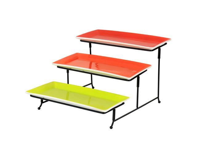 Gibson Home Crenshaw Hand Painted Stoneware 3-Tier Serving Set with Metal Rack in Multicolor