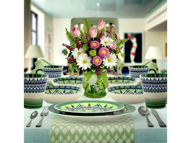 Elama Zen Green Mozaik 16 Piece Luxurious Stoneware Dinnerware with Complete Setting for 4, 16Piece