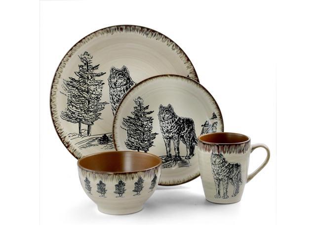 Elama Majestic Wolf 16 Piece Luxurious Stoneware Dinnerware with Complete Setting for 4