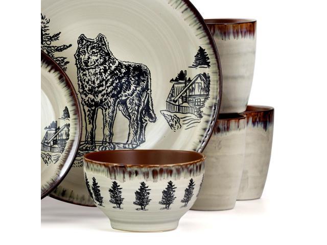 Elama Majestic Wolf 16 Piece Luxurious Stoneware Dinnerware with Complete Setting for 4