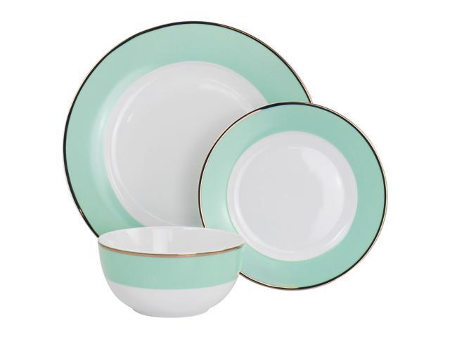 Martha Stewart Gold Rimmed 12 Piece Fine Ceramic Dinnerware Set in Mint