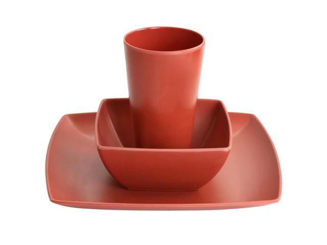 Gibson Home Grayson Melamine 12 Piece Square Dinnerware Set in Orange