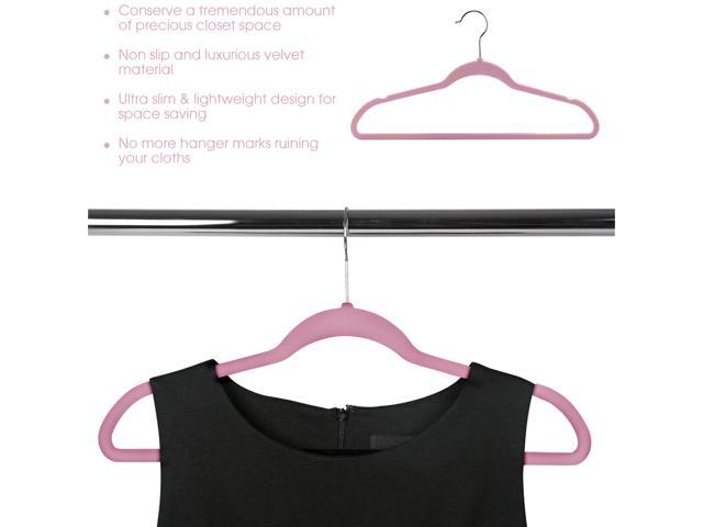 100 Piece Set of Velvet Slim Profile Heavy Duty Felt Hangers with Stainless Steel Swivel Hooks in Pink
