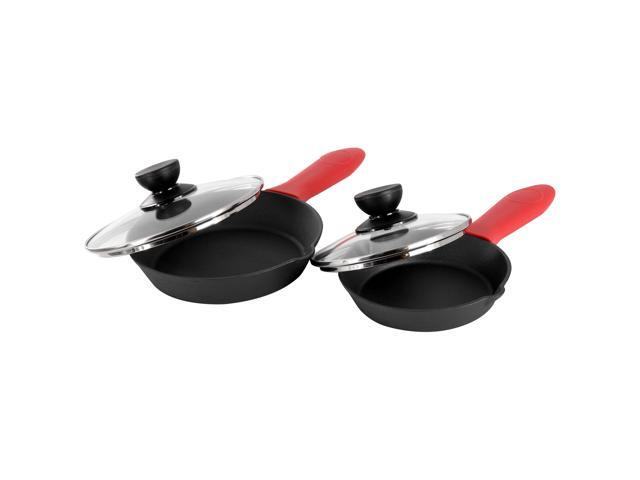 MegaChef 13 Piece Cast Iron Skillet Set with Tempered Glass Lids and Silicone Holders