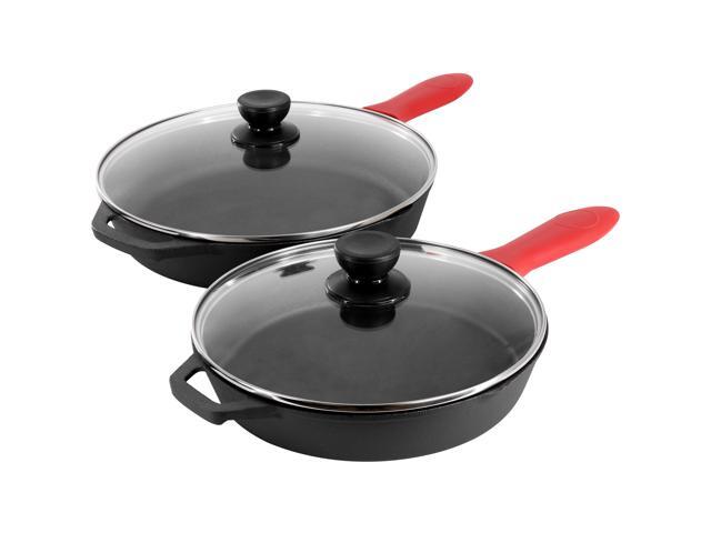 MegaChef 13 Piece Cast Iron Skillet Set with Tempered Glass Lids and Silicone Holders
