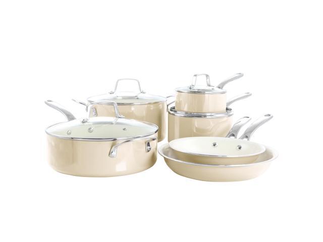 Martha Stewart Lockton Premium 10 Piece Enameled Heavy Gauge Aluminum Ceramic Nonstick Cookware Set in Butter Cream