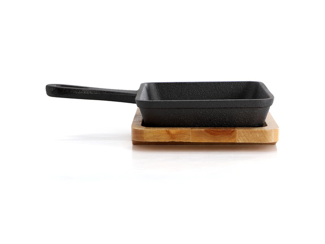 MegaChef Mini Cast Iron Square Pan with Wood Tray