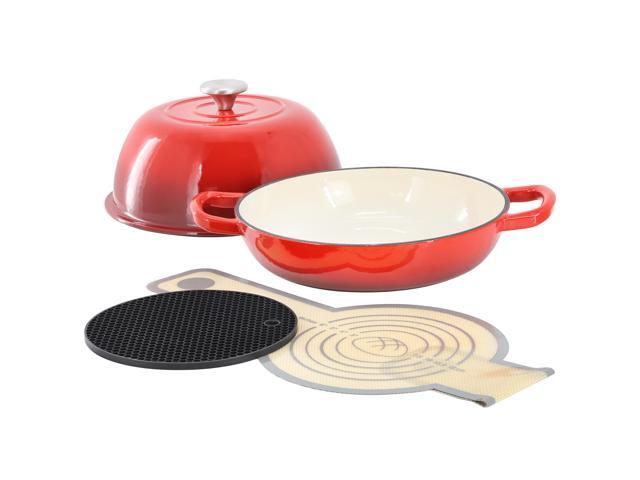 MegaChef 6 Quart Enameled Cast Iron Bread Pot in Red with Baking Mat