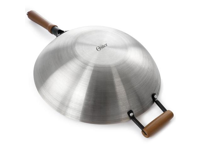Oster Sangerfield 14in Stainless Steel Flat Bottom Wok with Wooden Handles