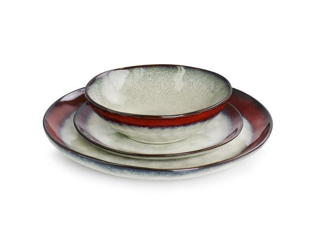 Elama Samara 12 Piece Stoneware Dinnerware Set in Red and Off White
