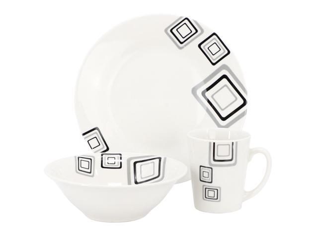 Gibson Home Black Squares 12 Piece Round Fine Ceramic Dinnerware Set in White