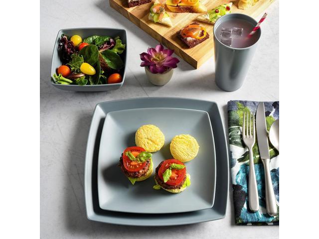 Gibson Home Grayson 16 Piece Square Melamine Dinnerware Set in Grey