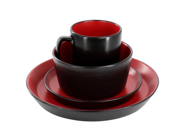 Elama Bacarra 16 Piece Stoneware Dinnerware Set in Two Tone Black and Red