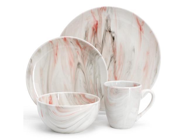 Elama Fine Marble 16 Piece Porcelain Dinnerware Set in Red and Gray