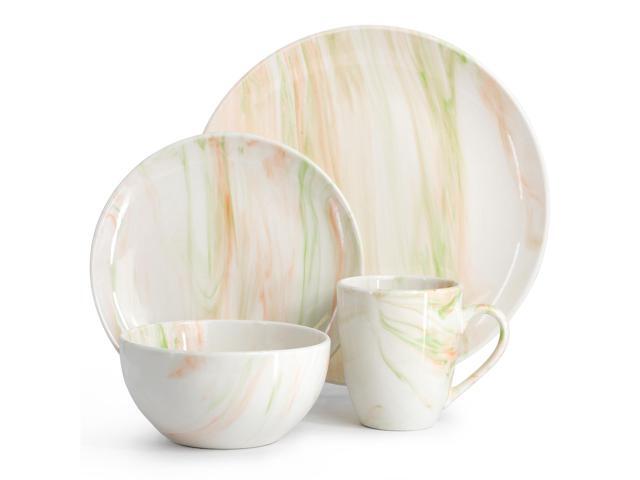 Elama Fine Marble 16 Piece Porcelain Dinnerware Set in Orange and Green