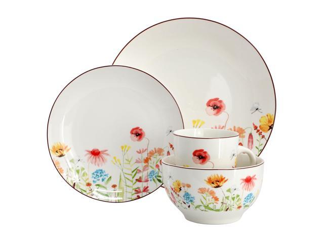 Elama Wildflower Meadow 16 Piece Stoneware Dinnerware Set in White and Multi