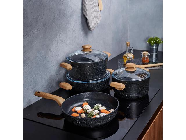 Korkmaz Montana 2 Piece 2 Liter Aluminum Nonstick Saucepan with Lid and Faux Wood Handles