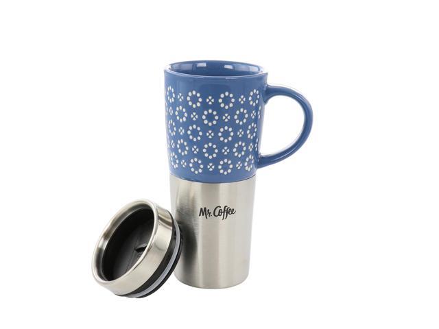Mr. Coffee Travertine 16 Ounce Stoneware and Stainless Steel Travel Mug With Lid in Blue