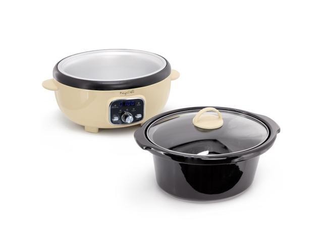 MegaChef 6.5 Liter Oval Electric Digital Slow Cooker in Cream with Black Pot