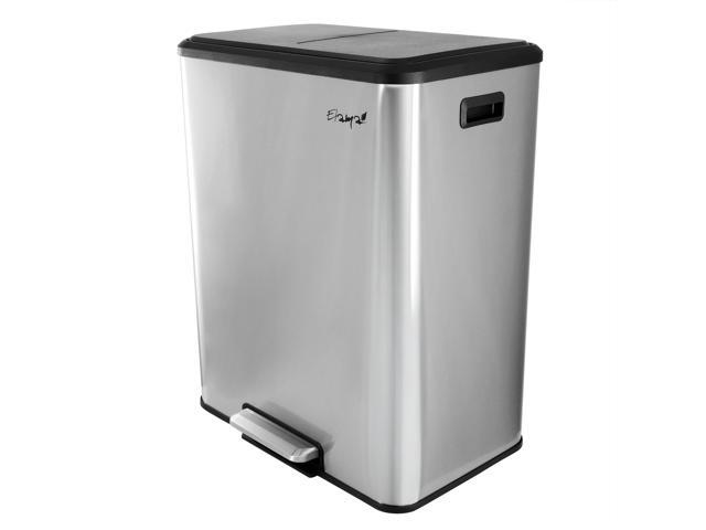 Elama 60 Liter 2 Compartment Large 8 Gallon Split Stainless Steel Step Trash Bin with Slow Close Mechanism