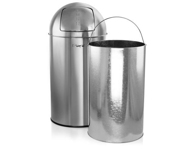 Elama 50 Liter Large 13 Gallon Push Lid Stainless Steel Cylindrical Home and Kitchen Trash Bin in Matte Silver